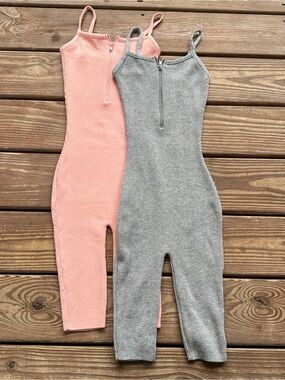 Pretty Knit Ribbed Knit Zip Front Jumpsuit Bundle Gray Pink Lounge Rompers